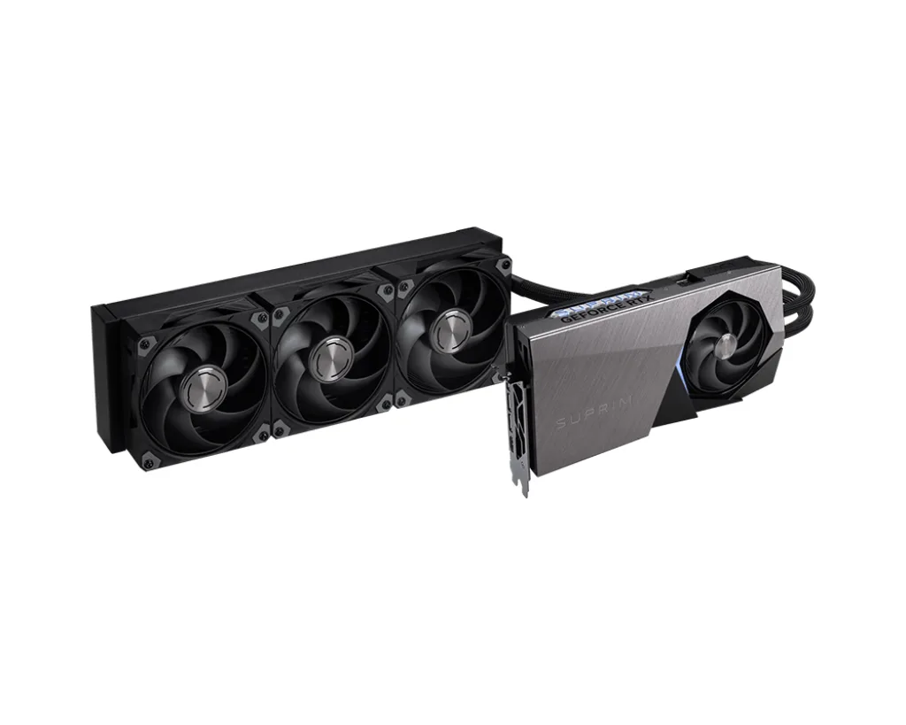 MSI Suprim RTX 5090 liquid-cooled graphics card, black finish with integrated radiator