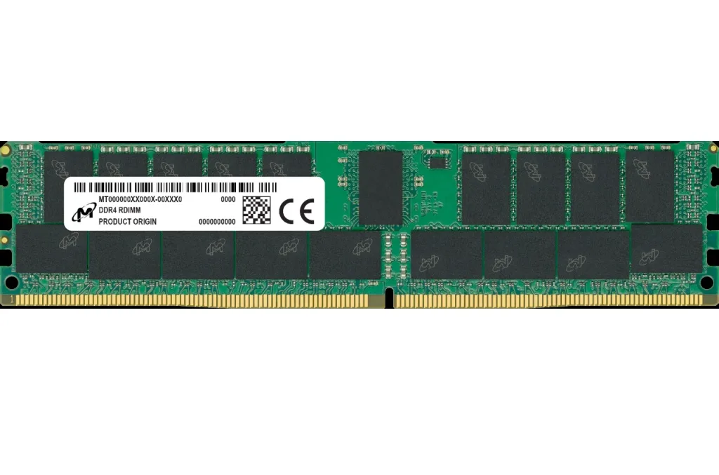 Green rectangular circuit board with black memory chips and gold edge connectors