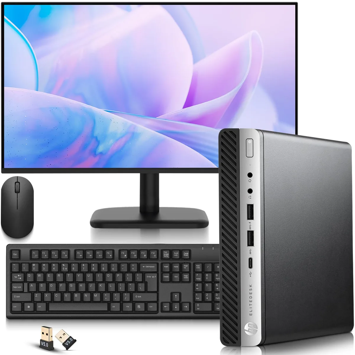 Compact black HP 800 G3 mini desktop with 24 inch LED monitor, wireless keyboard and mouse