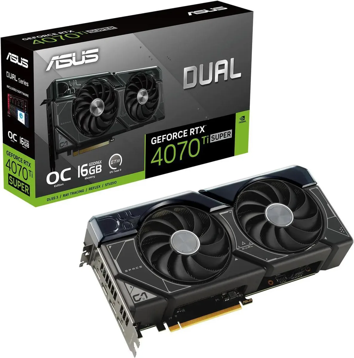 Black triple-fan graphics card, 2.56-slot ATX form factor, 267 mm length