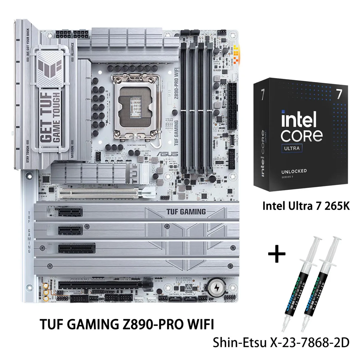ATX motherboard in dark finish with CPU installed, four DDR5 slots, four M.2 slots, silver heatsinks, rear I/O panel visible