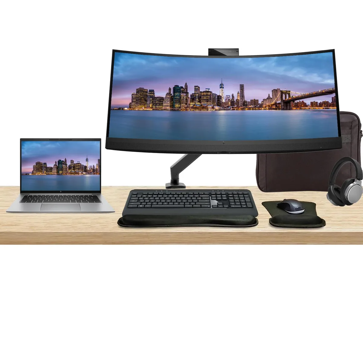 Silver 14-inch touchscreen laptop, 34-inch curved monitor with webcam, wireless keyboard and mouse, headphones