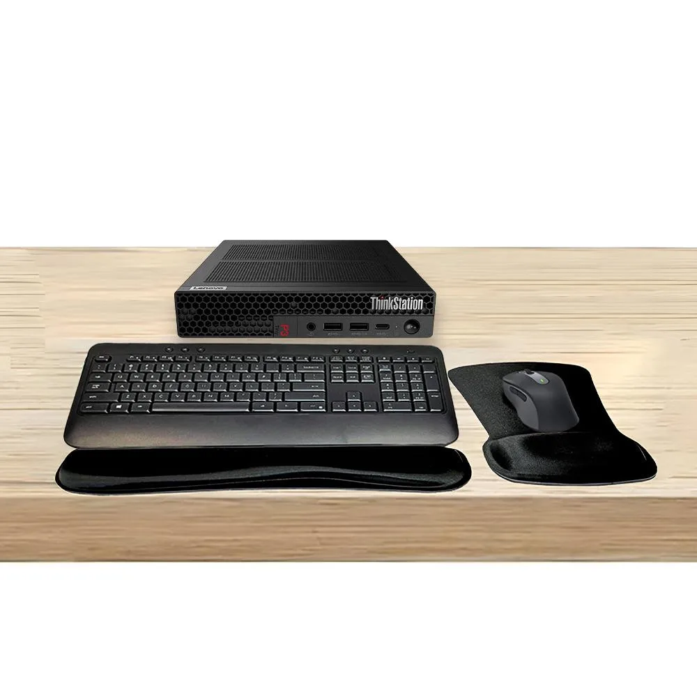 Compact Lenovo ThinkStation P3 Tiny desktop with wireless keyboard, mouse, gel pad and wrist rest