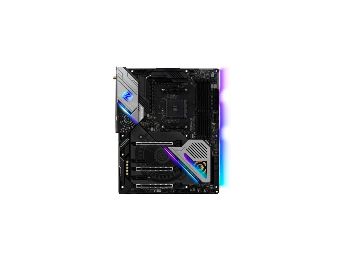 ATX motherboard with metallic heatsinks and gear-patterned I/O shield