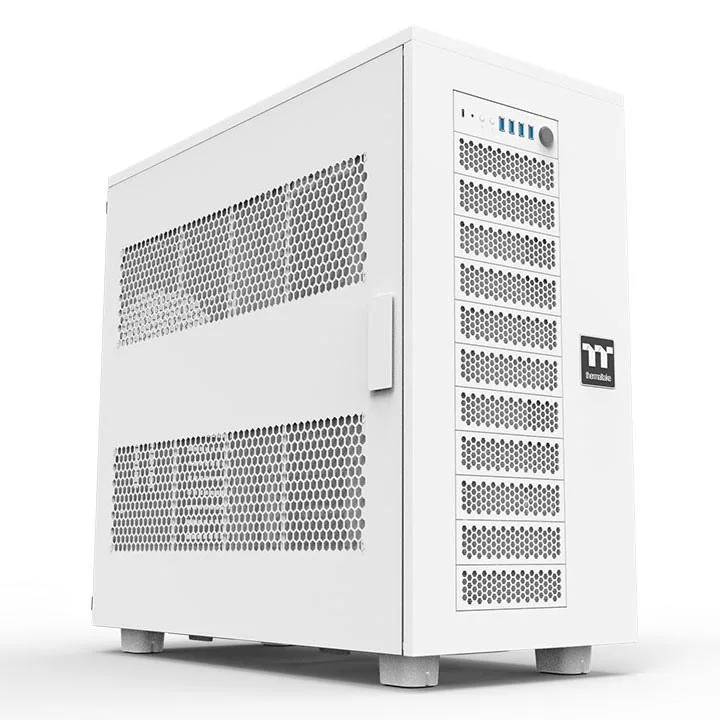 White super-tower PC case with mesh side panel, no fans installed, 27 by 12.6 by 25.4 inches