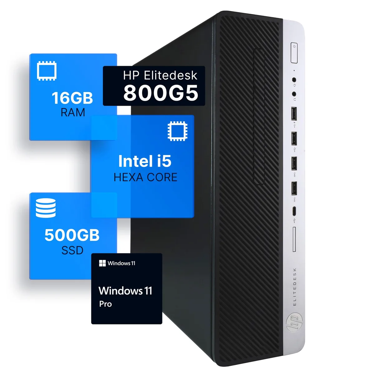 HP HP EliteDesk 800G5 desktop PC i5-9500 3.2GHz 16GB DDR4 500GB SSD Windows 11 Pro Wi-Fi 6 — photo du produit