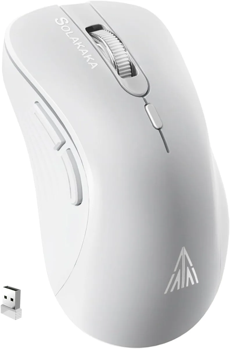 White slim ergonomic gaming mouse with silent buttons and USB receiver stored underneath