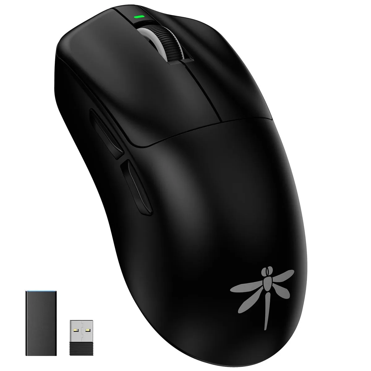 Black right-handed gaming mouse, lightweight ergonomic shape, matte finish, USB receiver and Type-C cable included