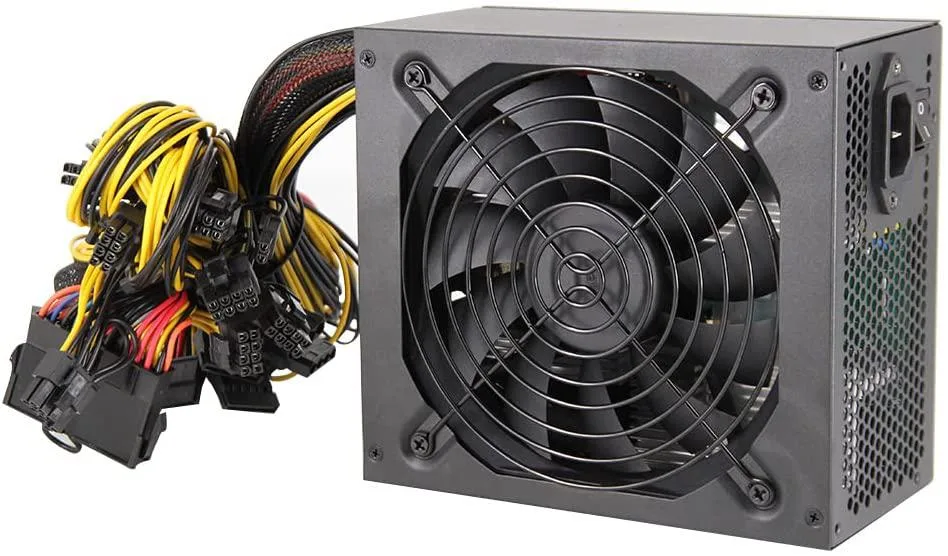 Rectangular metal power supply unit with modular cables and large cooling fan