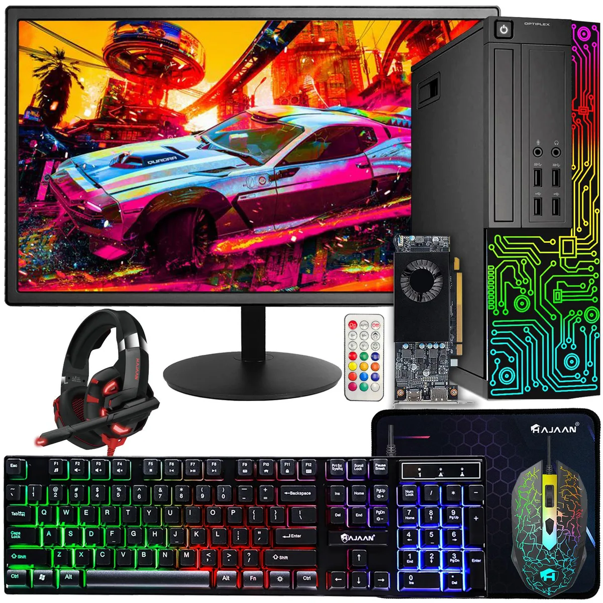 Black small-form-factor Dell OptiPlex tower with 24 inch monitor, keyboard, mouse and headset