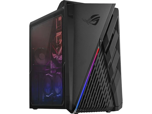 Mid-tower gaming desktop in dark finish with RGB lighting accents