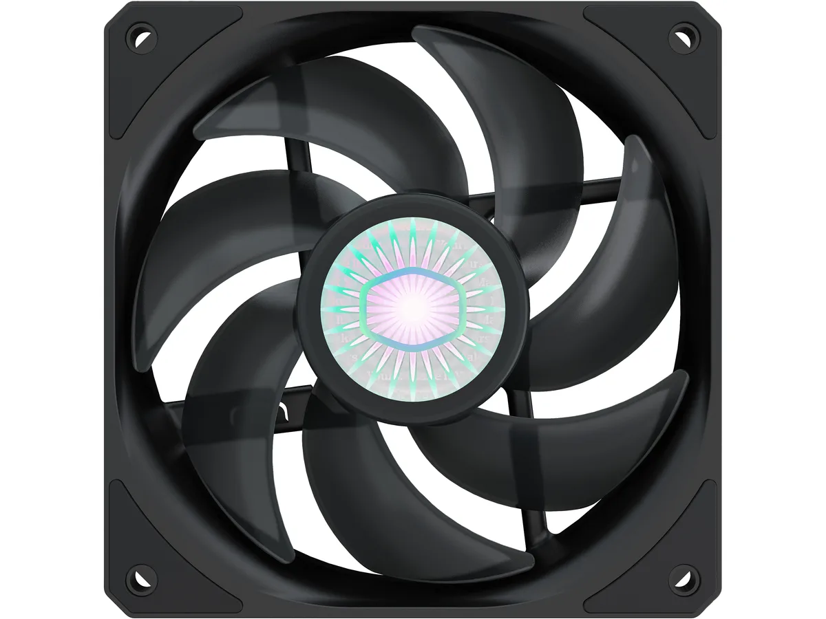 All-black 120mm square frame case fan with curved blades and four-pin connector