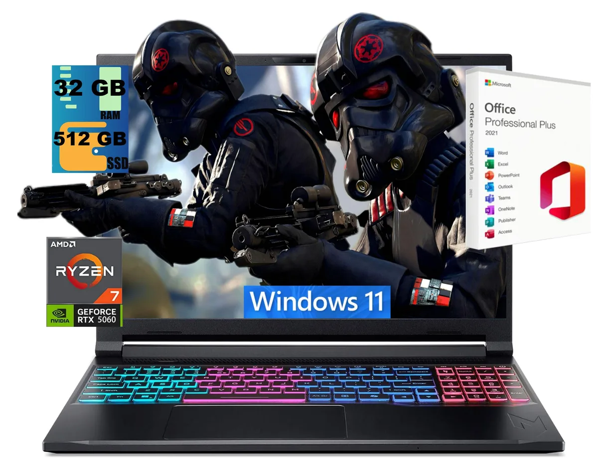 Black Acer Nitro V 16S laptop, 16 inch non-touch WUXGA screen, matte finish, 4-zone RGB keyboard, slim profile