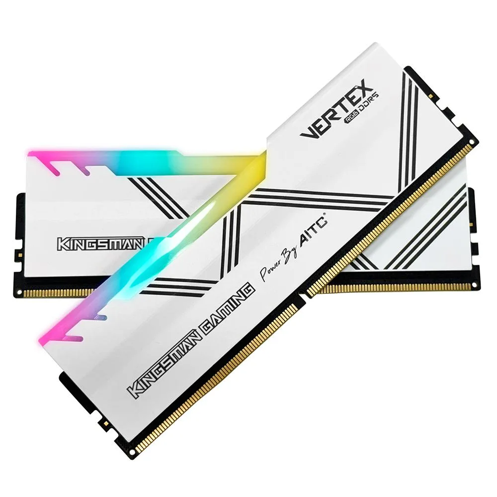 Two white DDR5 DIMMs with RGB light bars