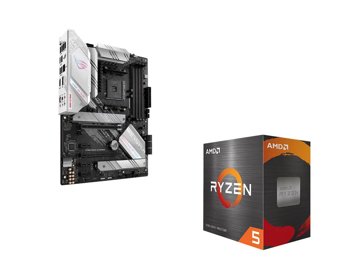 White ATX motherboard with black heatsinks and Ryzen 5 5600 CPU in socket