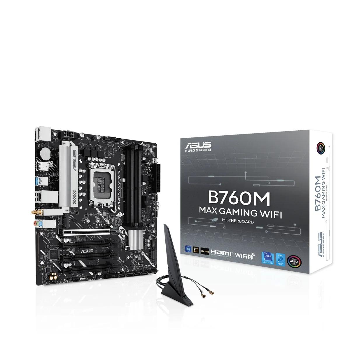 Black mATX motherboard with silver heatsinks and four DDR5 slots