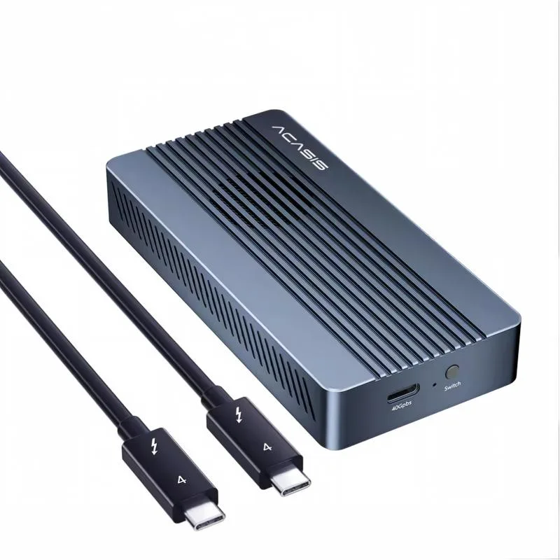 Gray aluminum M.2 SATA enclosure with built-in fan, compact rectangular shape