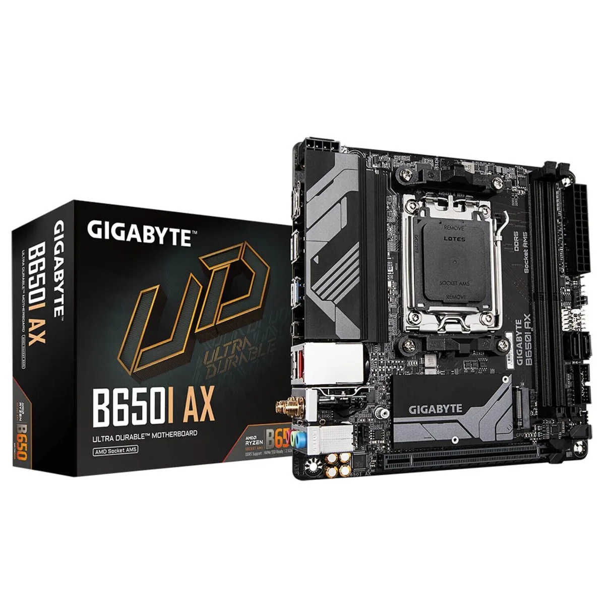 Mini ITX motherboard with dark PCB and silver heatsinks