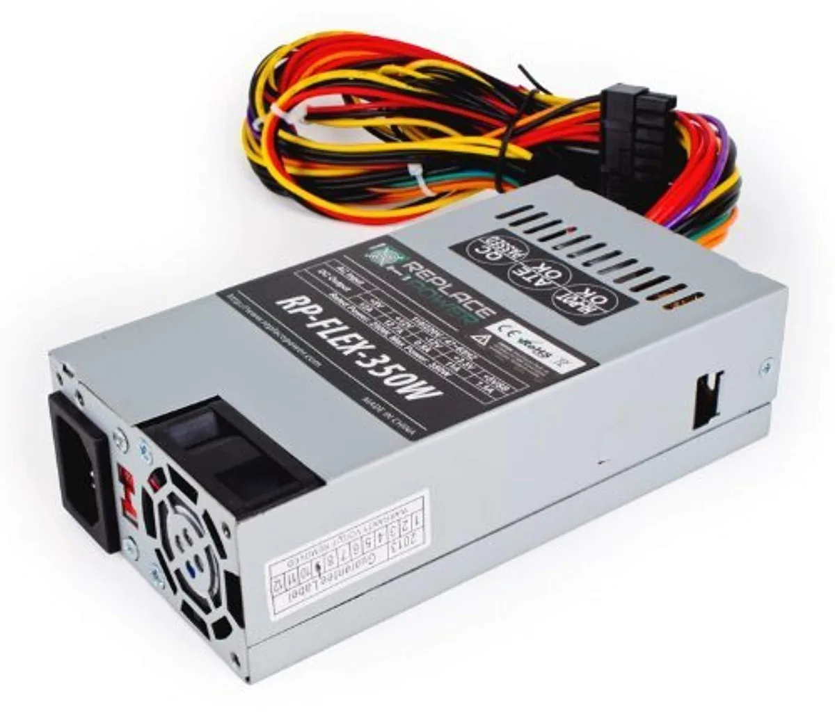 Compact silver metal Flex ATX power supply unit with rear fan grille and cable bundle