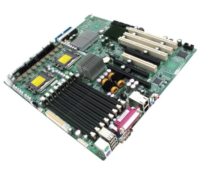 Green extended ATX motherboard with dual LGA771 sockets and eight FB-DIMM slots