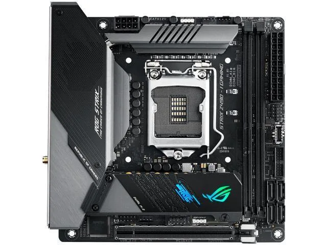 Small square Mini-ITX motherboard with black metal heatsinks and a silver VRM fan