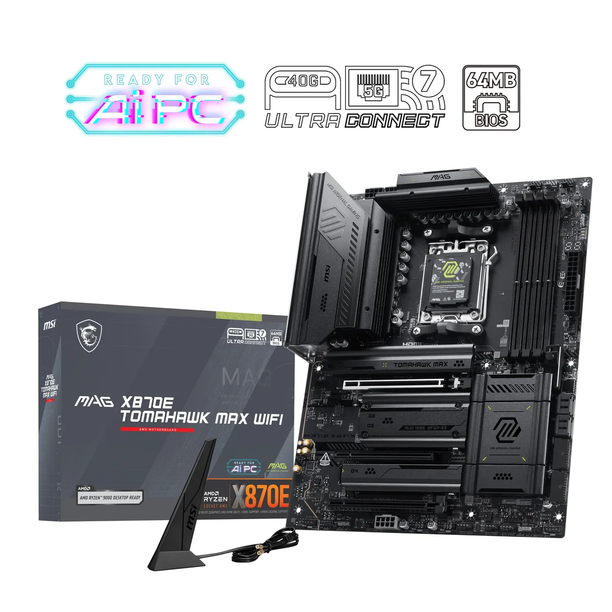 Rectangular ATX motherboard, dark grey and black, silver heatsinks, four DDR5 slots, rear I/O shield attached
