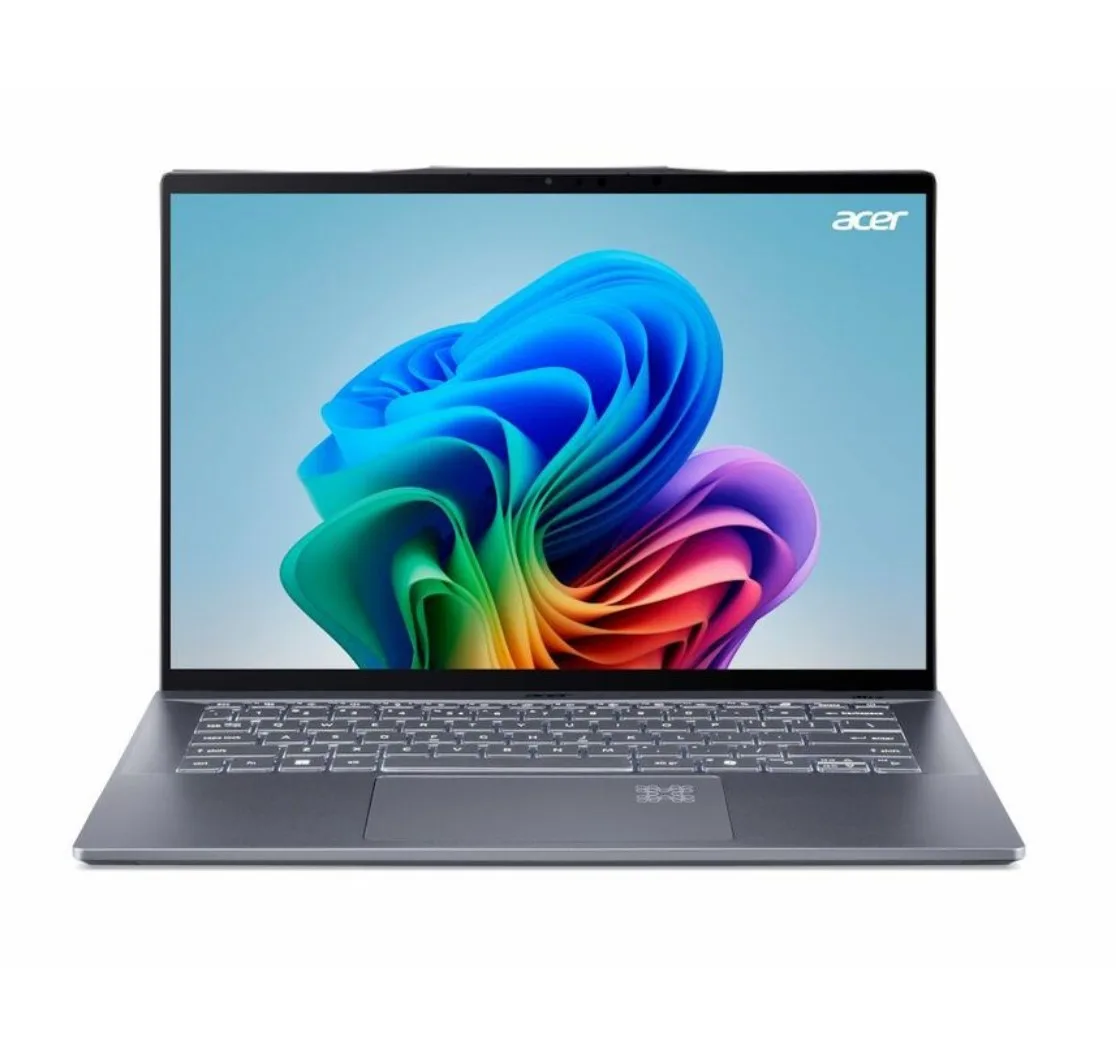 Thin silver-grey laptop, 14.5 inch touchscreen, matte finish, iron colour