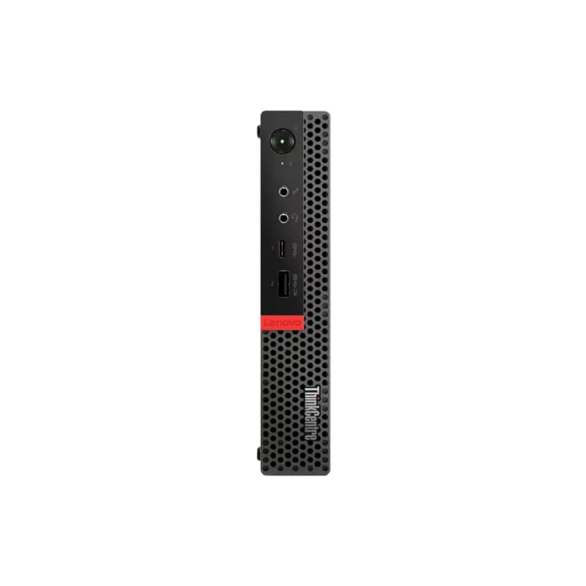 Tiny black desktop cube with front ports and vents