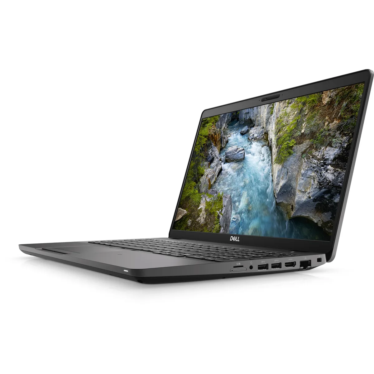 Black Dell Precision 3541 laptop, 15.6 inch matte screen, full-size backlit keyboard with number pad, integrated webcam above display