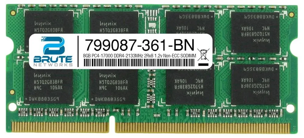 Brute Networks Brute Networks 8GB DDR4-2133 ECC SODIMM 2Rx8 CL15 1.20V 288-pin HP 799087-361 — product photo