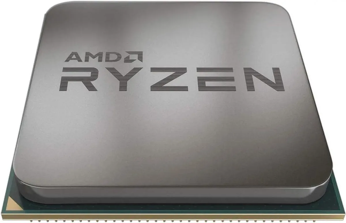 Green ceramic square chip with gold contact pads and silver heat spreader labeled Ryzen 5 5500GT