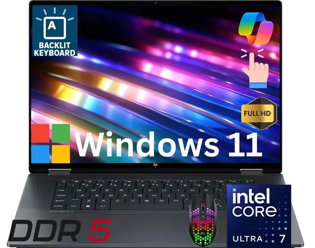 Black 16-inch 2-in-1 laptop with touchscreen display and backlit keyboard