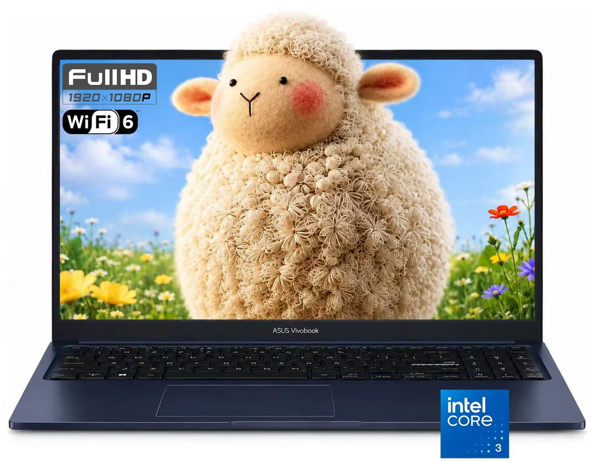 Blue 15.6 inch laptop with anti-glare display and slim profile