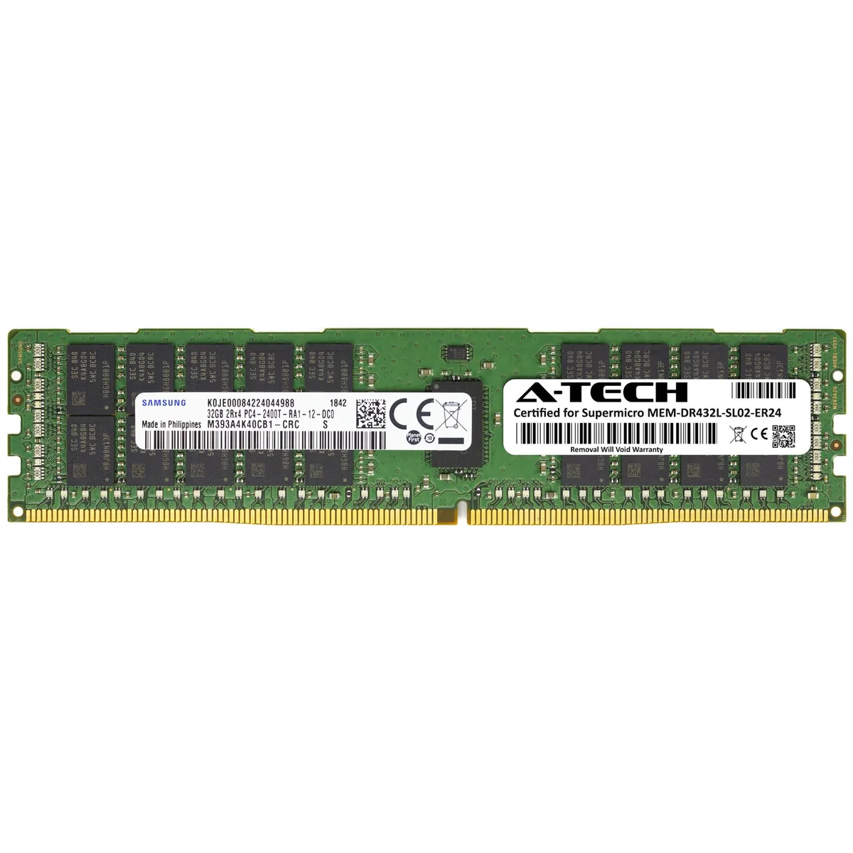 Green 288-pin DDR4 RDIMM module with black Samsung chips and a white label