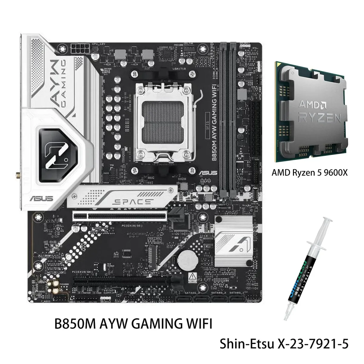 ASUS B850M AYW GAMING WIFI micro-ATX motherboard with AMD Ryzen 5 9600X CPU installed