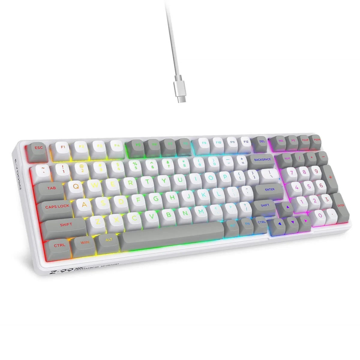 White-grey 99-key compact mechanical keyboard with RGB backlighting and USB-C cable