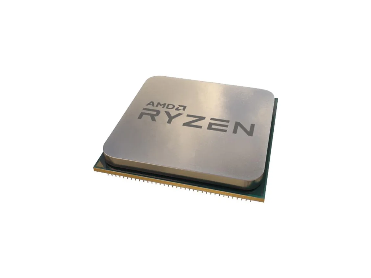 Square ceramic chip with gold contacts and silver heat spreader labelled Ryzen 9 3900X