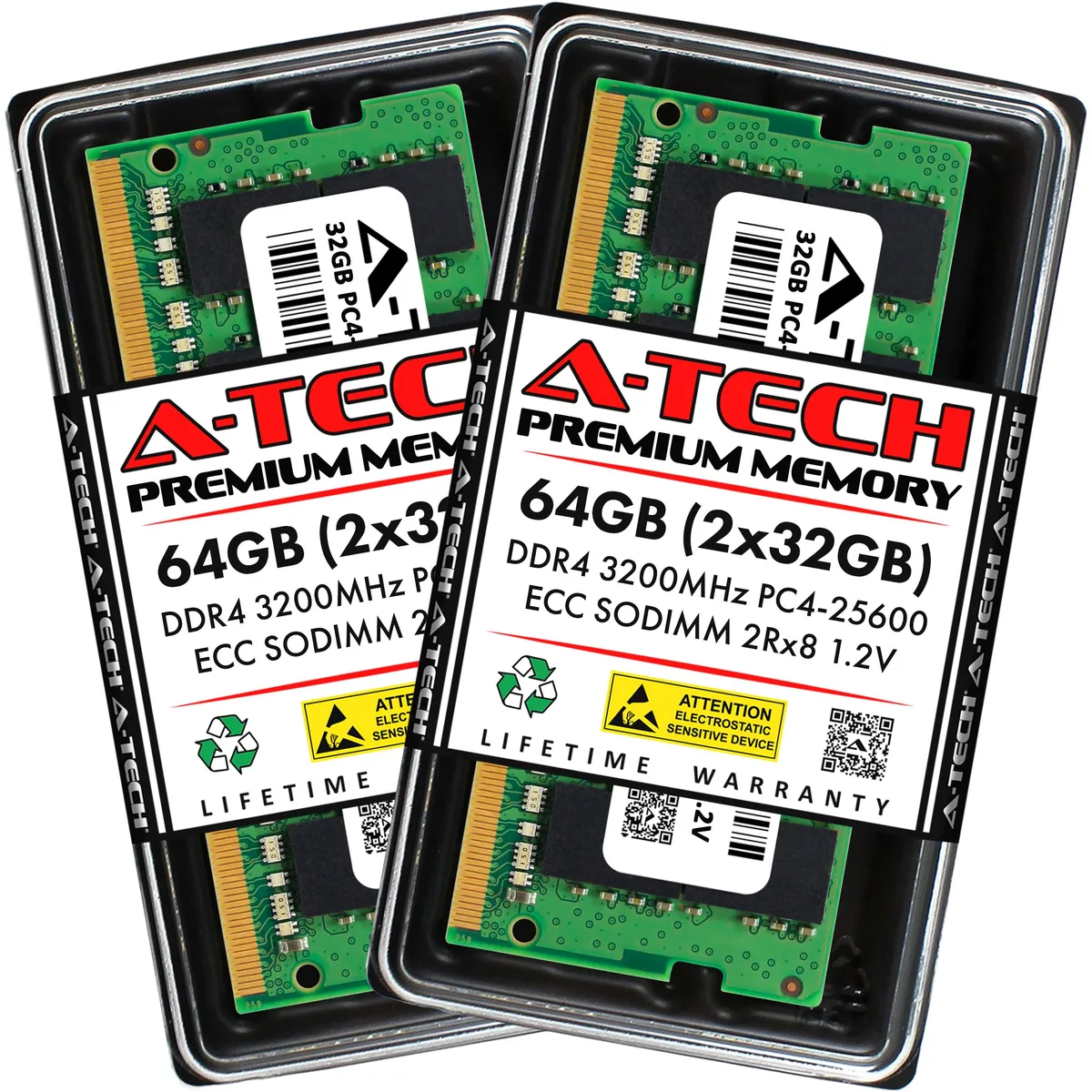 A-Tech A-Tech 64GB (2x32GB) DDR4 3200 ECC SODIMM CL22 1.2V 2Rx8 Dual Rank laptop RAM — product photo