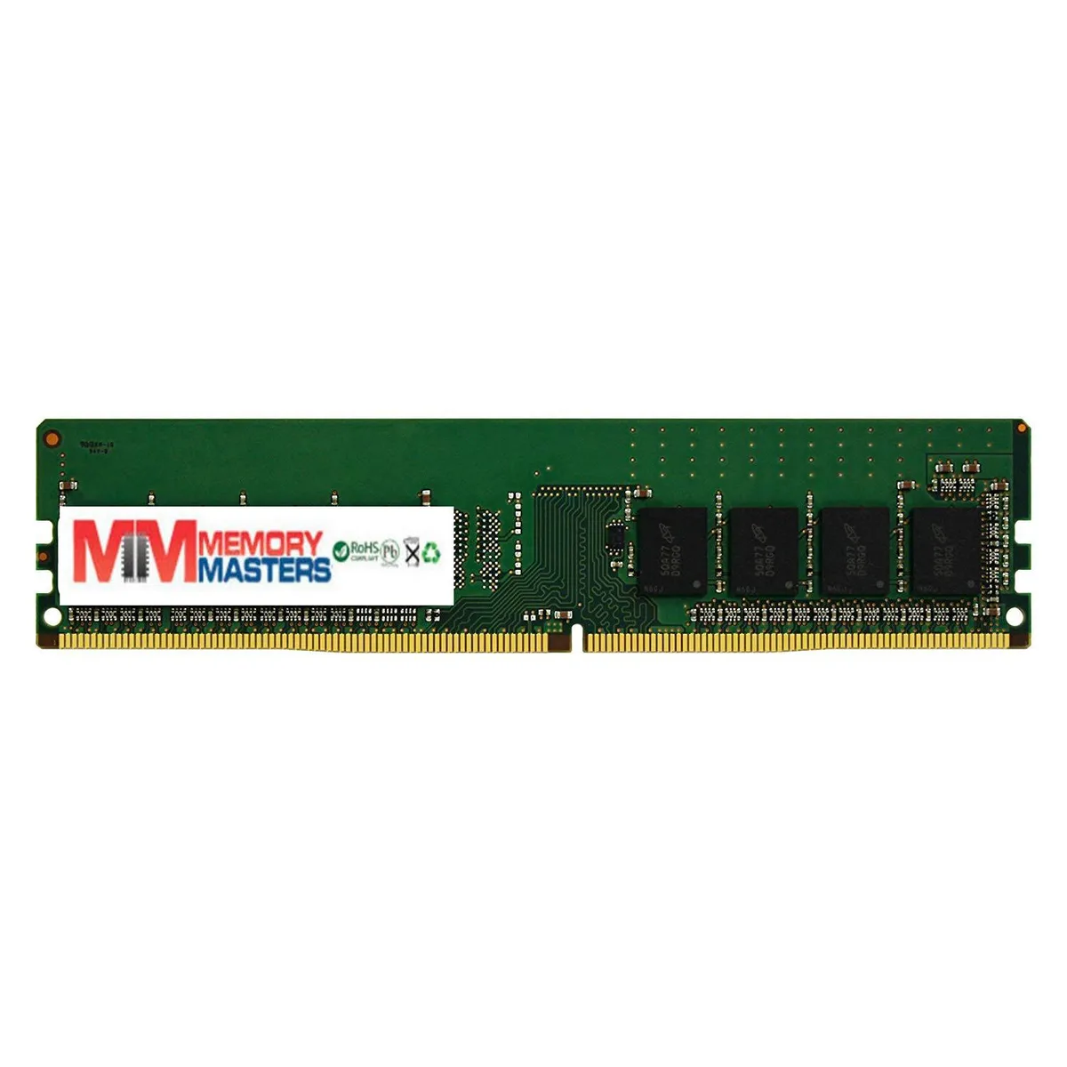 Green PCB memory stick with gold edge connectors and black chips