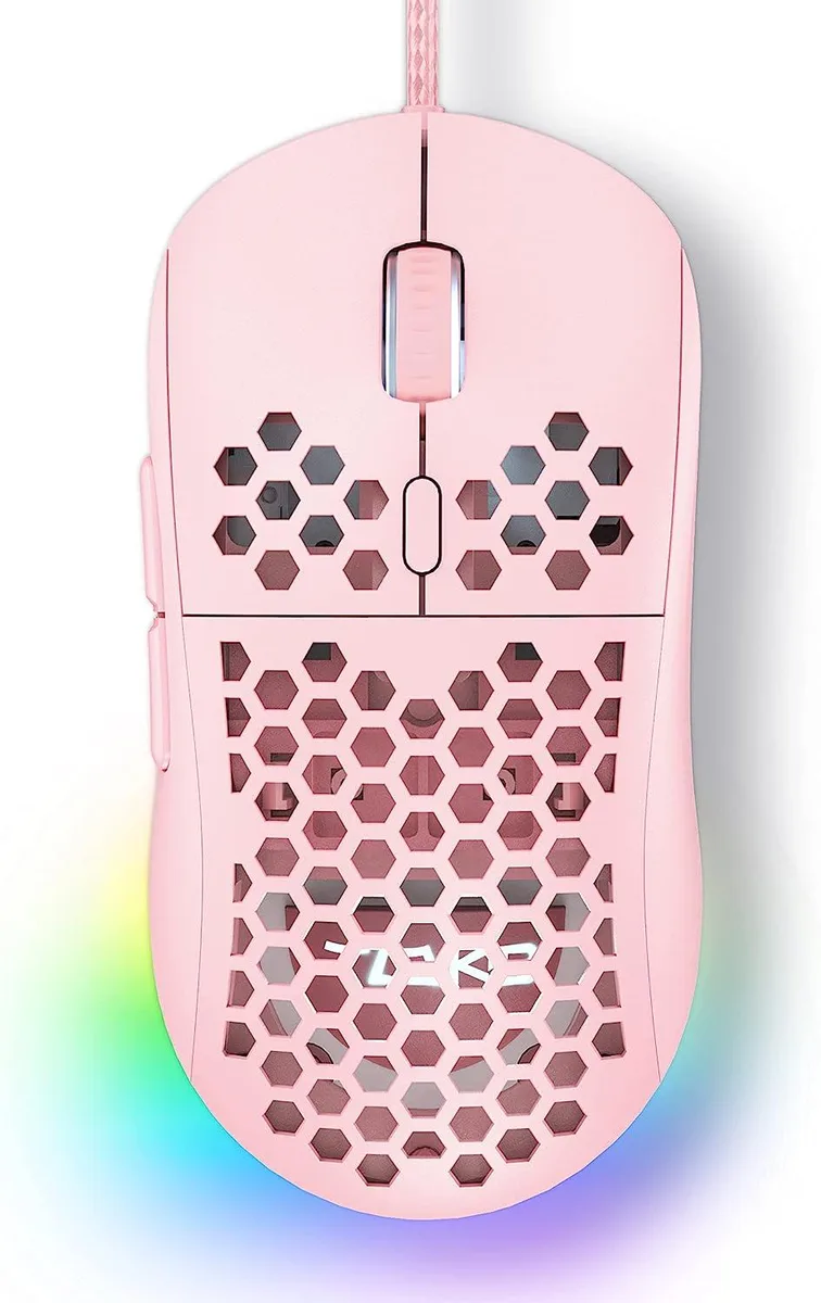 Pink ultralight honeycomb gaming mouse with RGB lighting and paracord cable
