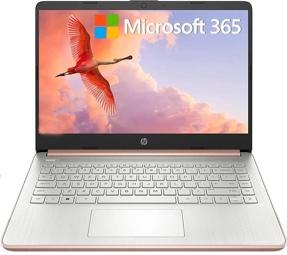 Rose Gold 14 inch laptop with thin micro-edge bezel display and snow white keyboard