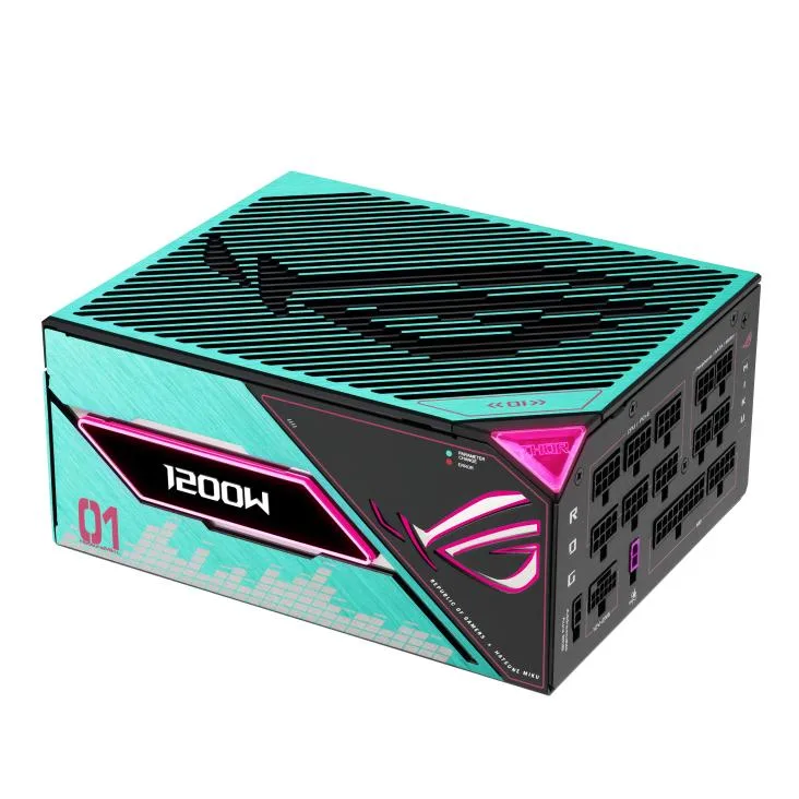 ATX power supply with magnetic OLED display and turquoise anime graphics