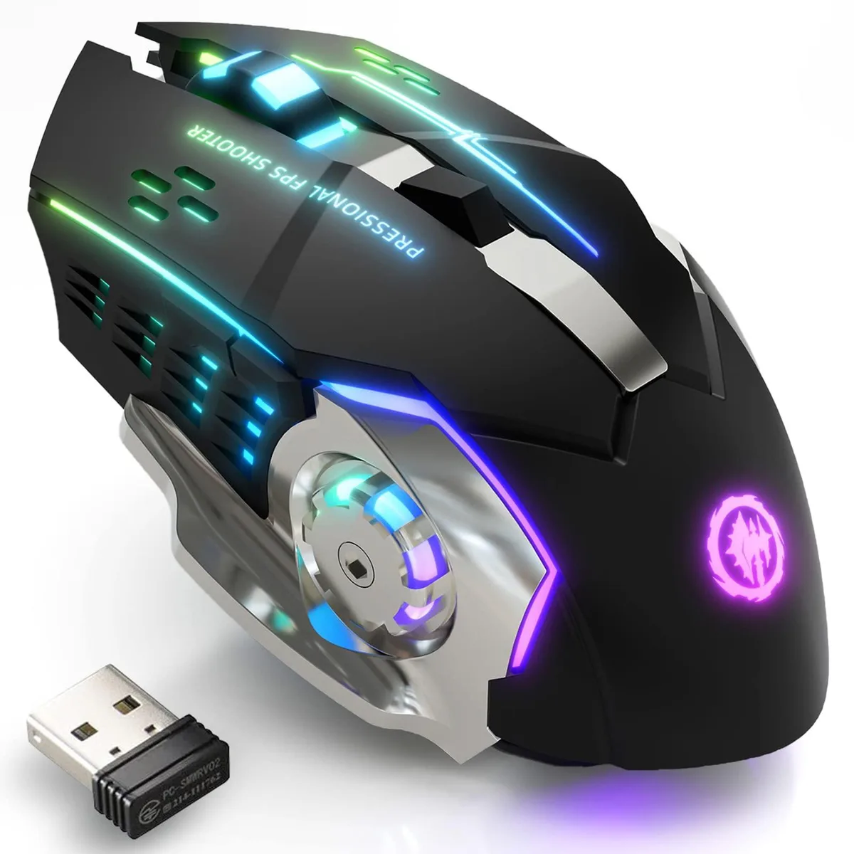 Black right-handed wireless gaming mouse with 16 buttons and RGB lighting