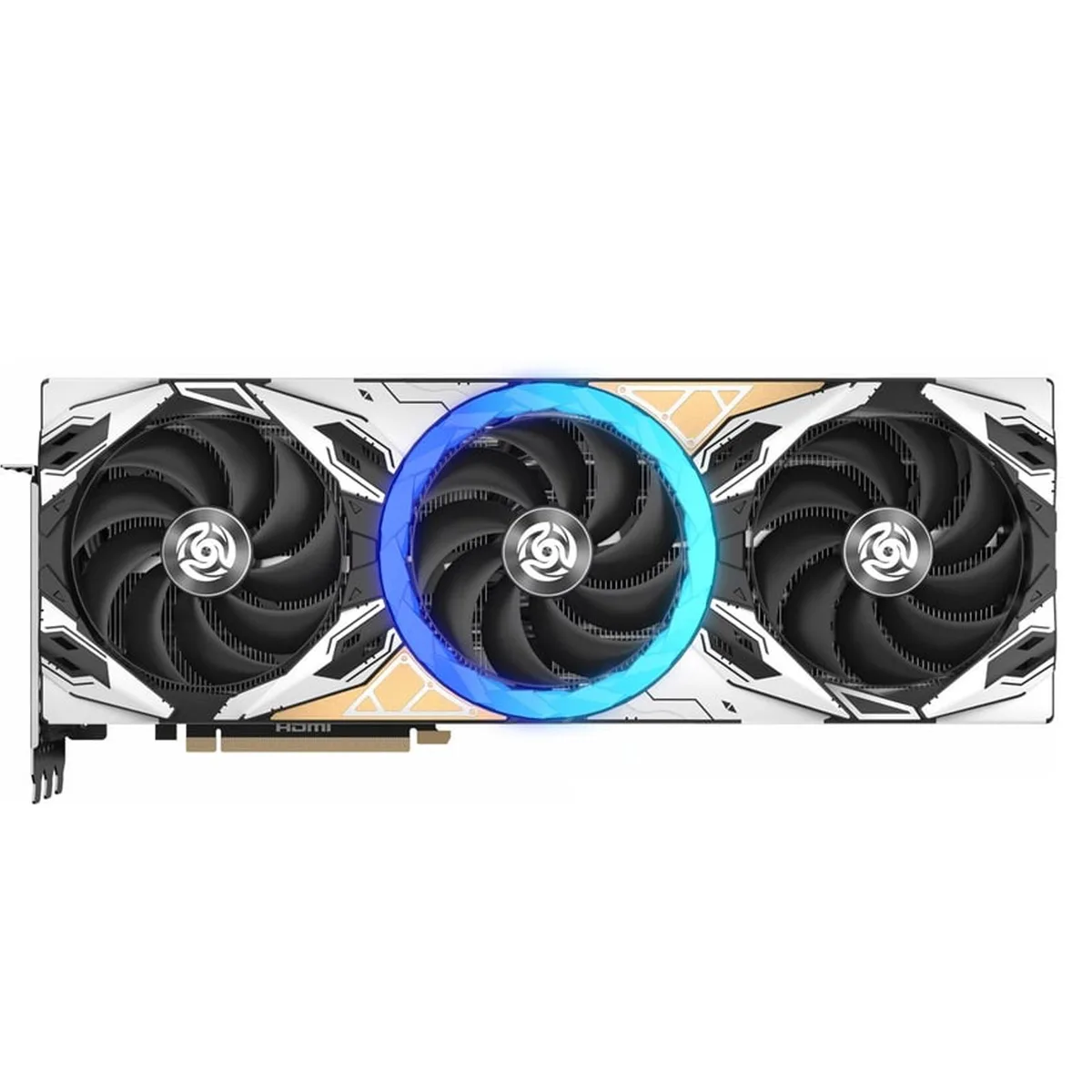 Large triple-slot graphics card in dark metal finish with three axial fans and RGB lighting