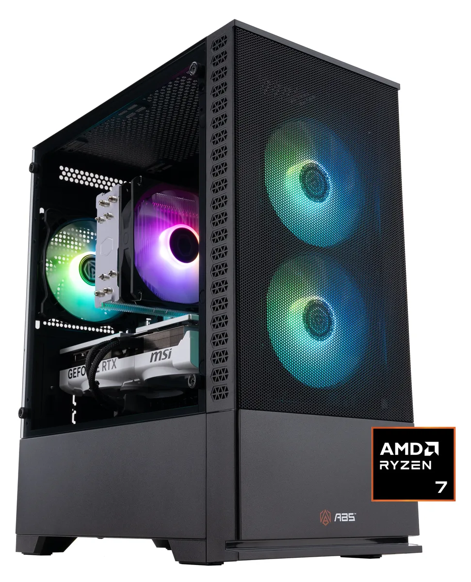 Compact black micro-tower gaming PC with tempered-glass side panel and RGB lighting visible inside