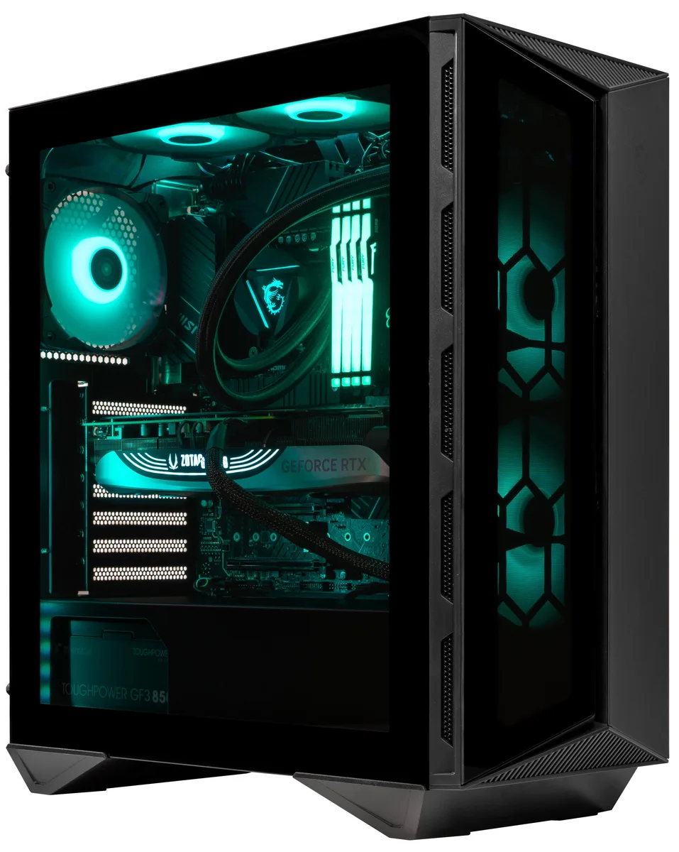 MSI GUNGNIR 110R mid-tower gaming desktop with RGB lighting and liquid cooling visible