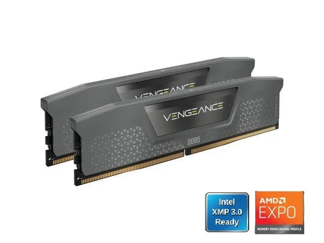 Two gray DDR5 memory modules with low-profile heatsinks