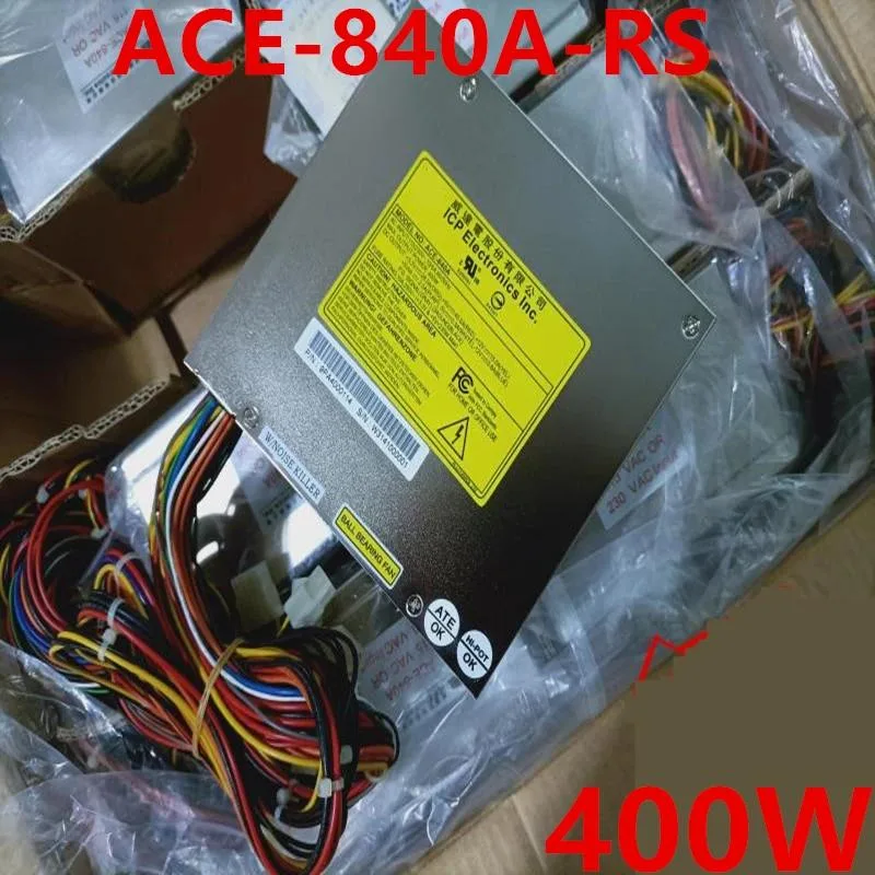 Rectangular black ATX power supply unit with fan grille and side label