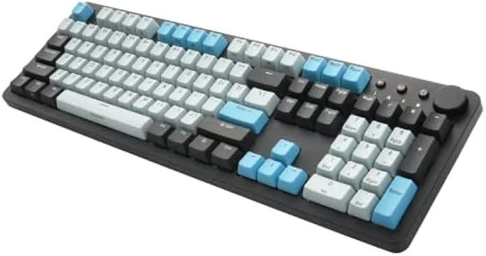 Full-size mechanical keyboard in cyberpunk blue with PBT keycaps and media knob