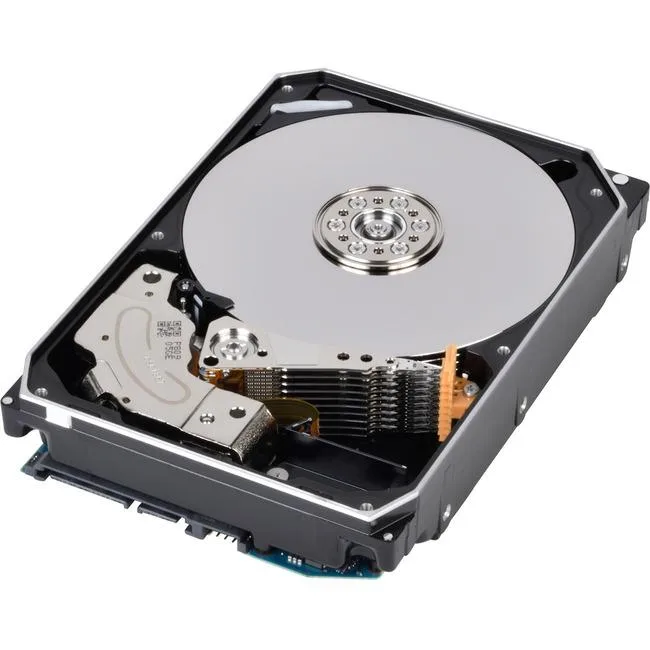Silver rectangular 3.5-inch hard drive with label and circuit board visible